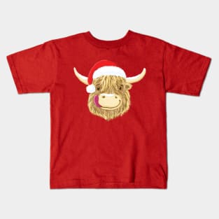 Scottish Highland Cow Christmas Santa Hat Kids T-Shirt